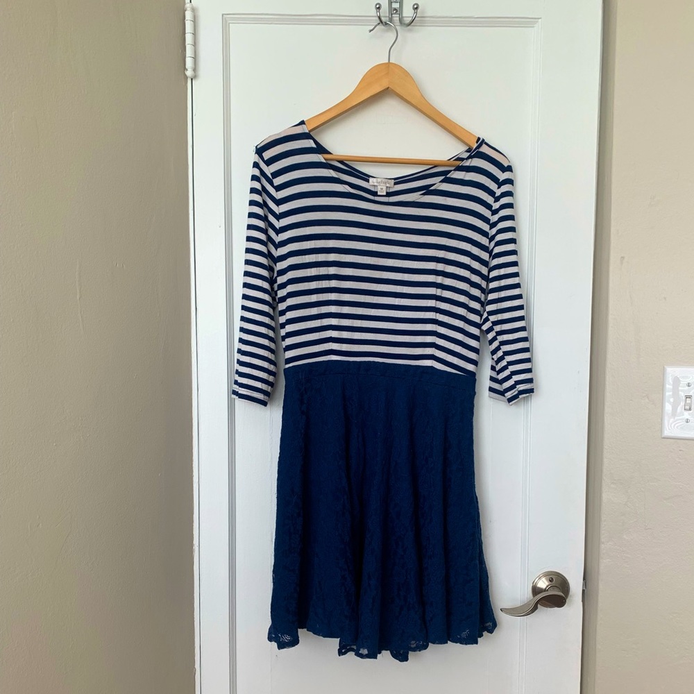 Navy and white striped lace dress